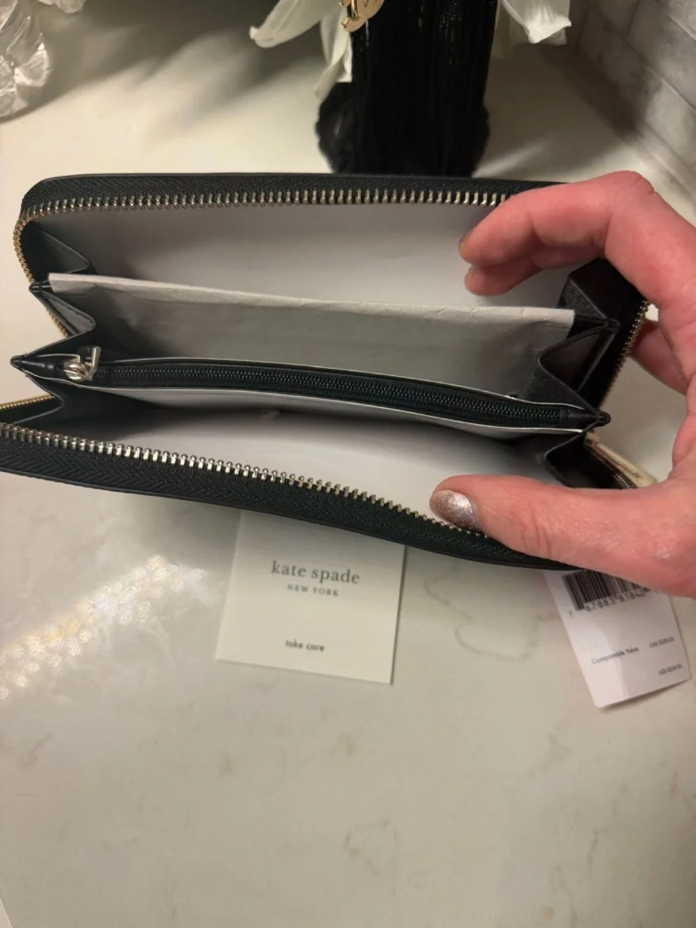 kate spade Black Leather Zip-Around Wallet with Gold Logo